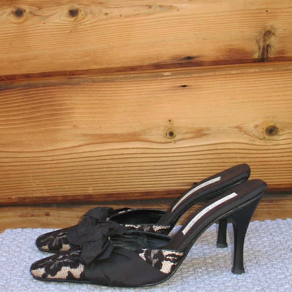 Black Lace Bow Mules Shoes Heels
